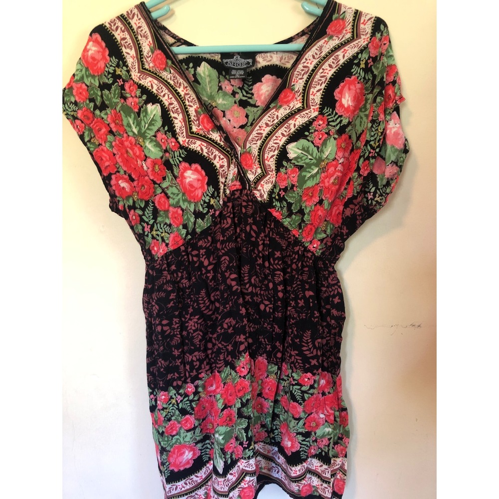 Angie Women Red Rose Floral Print V-Neck Empire Waist Boho Mini Dress Top Medium